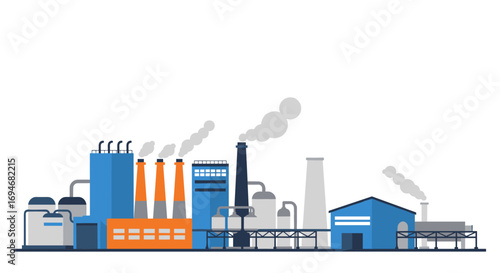 Industrial factory buildings with smoke stacks in flat design