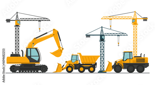 Construction equipment lineup featuring cranes, excavator, bulldozer, and truck