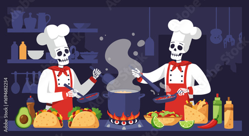 A vibrant flat design illustration of two cheerful skeleton chefs preparing an array of delicious Mexican dishes, symbolizing culinary joy and celebration.