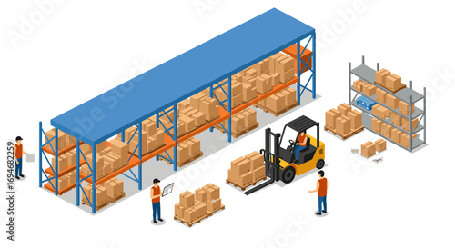 Isometric warehouse scene with workers and forklift handling boxes