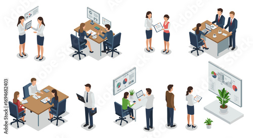 Isometric office scenes with professionals collaborating and presenting