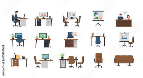 Modern office workstation furniture set with computers and desks