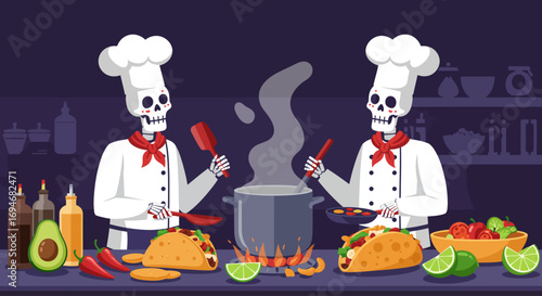 A vibrant flat design illustration of two cheerful skeleton chefs preparing an array of delicious Mexican dishes, symbolizing culinary joy and celebration.