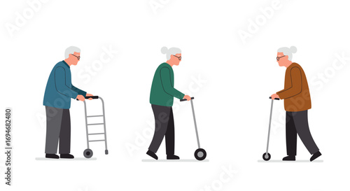 Elderly women using mobility aids for support and movement