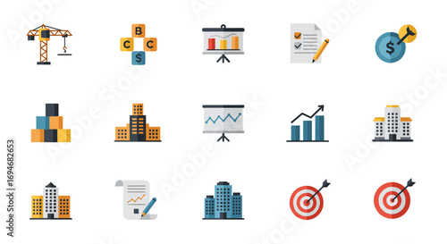 Construction and business icons set in flat style with graphs and targets