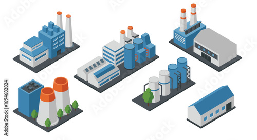 Isometric industrial factory icons in blue and white: chimneys, storage tanks, and warehouses