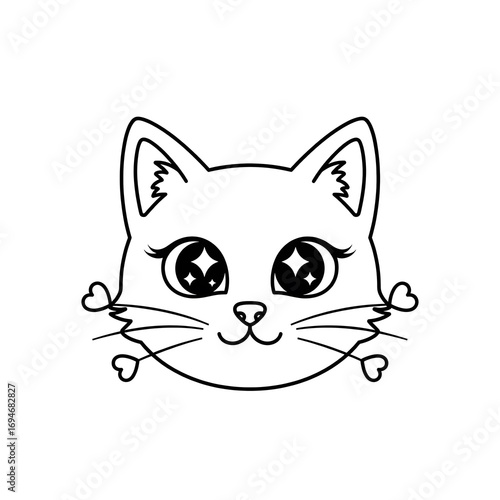 A line art drawing of a kawaii cat face with big starry eyes, whiskers ending in hearts, perfect for coloring and cute designs