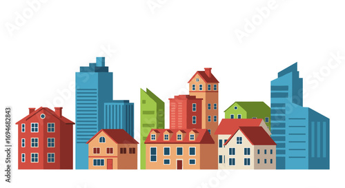 Colorful cityscape with modern and classic architecture in flat design