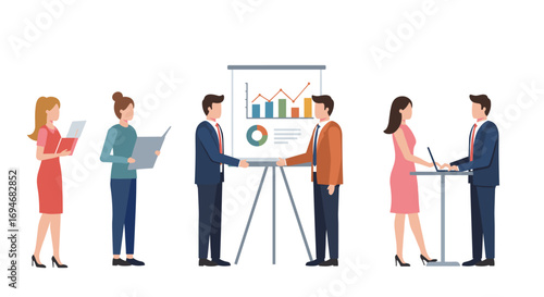 Business team collaboration and presentation in office setting