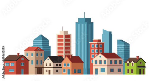 Colorful urban skyline with houses and skyscrapers on a white background