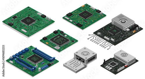 Isometric circuit board set featuring advanced technology and microchip designs