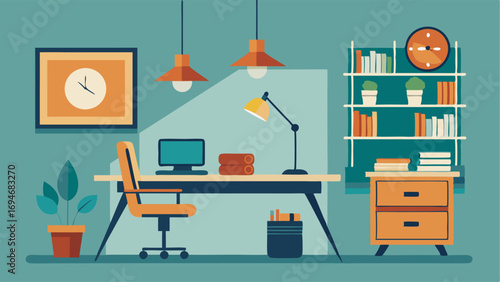 A home office with a vintageinspired desk and chair paired with modern shelves and a statement pendant light.