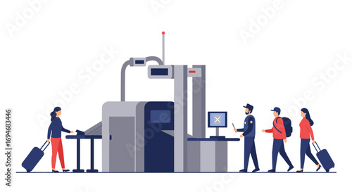 Airport security checkpoint process with passengers and luggage scanner