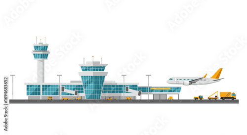 Airport terminal with airplane and control tower in flat design