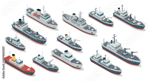 Isometric ships collection featuring various maritime vessels in gray and red tones
