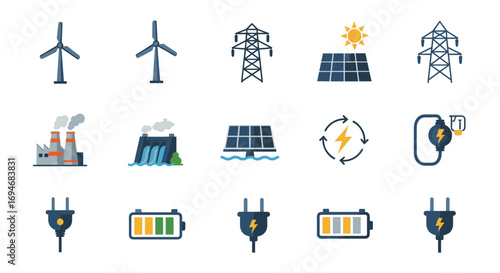 Renewable energy icons: wind turbines, solar panels, and power generation