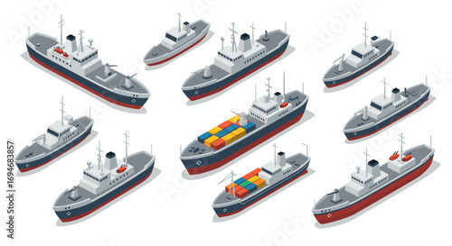 Isometric cargo and passenger ships set with variety of transport vessels in modern design