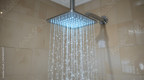 A modern bathroom reveals a sleek showerhead flushing a crystal-clear stream of water, set against a beige tiled wall, offering a refreshing and luxurious feel.