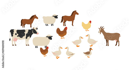 Farm animals collection: horses, sheep, chickens, cows, goats, and ducks