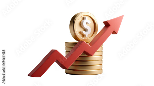 Rising Finances: A bold red arrow ascends, symbolizing growth, profits, and financial success, paired with stacks of golden coins, all against a clear, modern background.
