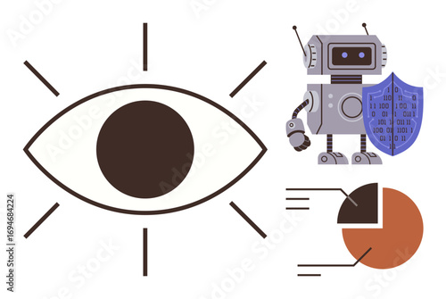 Eye with emphasis lines, robot holding binary shield, and data pie chart segments. Ideal for AI, cybersecurity, surveillance, data analysis, machine learning innovation digital protection. Simple