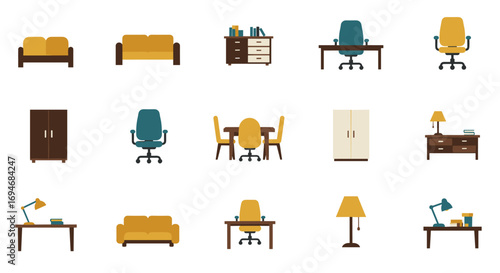 Modern home office furniture set in flat design style
