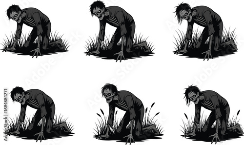Creepy zombie crawling in dark swamp, horror undead monster, scary walking dead character, spooky Halloween illustration, eerie horror art design.
