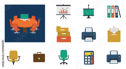 Modern office setup with furniture and equipment in flat design
