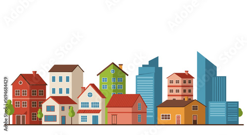 Colorful urban skyline with diverse architecture and modern buildings in flat design
