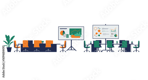 Modern office conference room with graphs and presentation charts