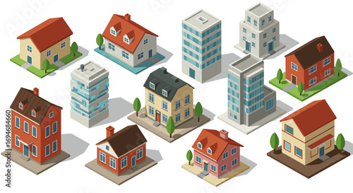 Diverse isometric building collection with modern and traditional architectural styles