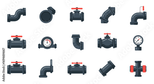 Plumbing pipe elements and valves collection on white background