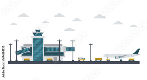 Modern airport terminal with control tower and airplane on tarmac in flat design