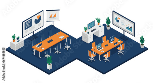 Isometric office workspace with modern furniture and technology for business presentations and meetings