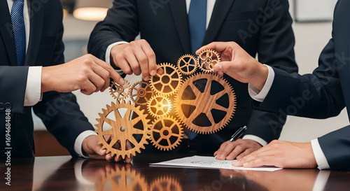 Business team connecting gears for teamwork and collaboration