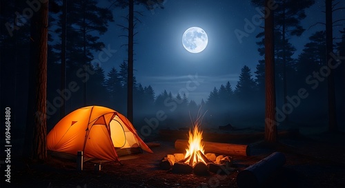 A serene camping scene under a full moon, featuring an illuminated orange tent and a crackling campfire in a misty forest.
