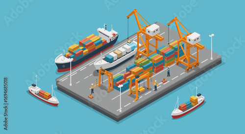 Isometric port scene with cargo ships and cranes in a busy harbor