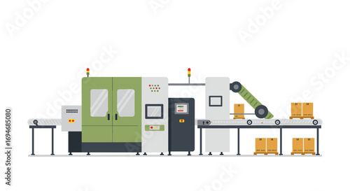 Modern factory equipment with conveyor belt and automated packaging system