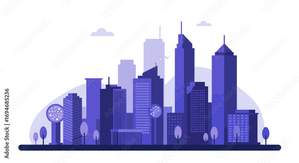 Fototapeta premium Modern urban cityscape with geometric skyscrapers in flat style