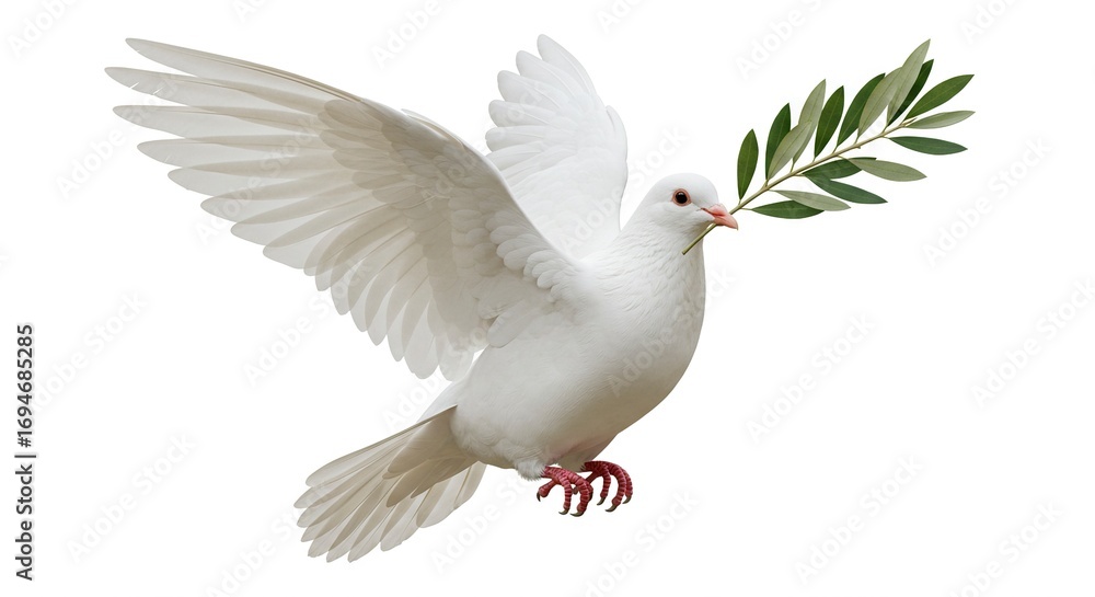 Fototapeta premium A white dove wings spread carries a green olive branch in its beak against a white background