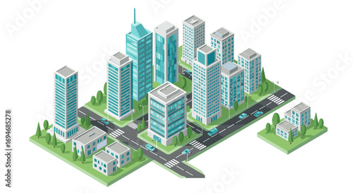 Modern isometric cityscape with buildings, roads, and green spaces