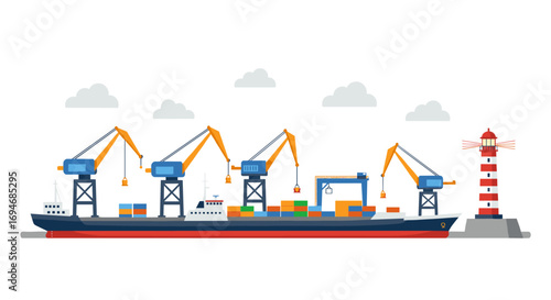 Flat design cargo ship with cranes and lighthouse by the sea with clouds