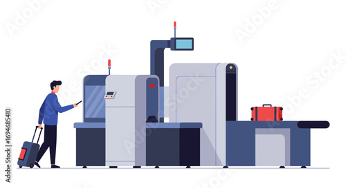 Modern airport security with baggage scanner and passenger in flat design