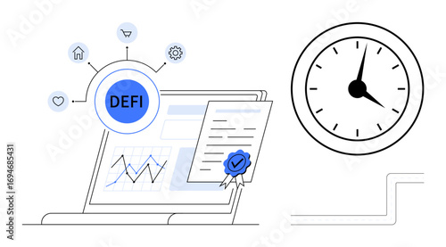 Laptop screen with DEFI network, graphs, certified document, and connected icons. Clock on side symbolizes time management. Ideal for finance, blockchain, data, investment time technology growth