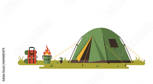 Camping gear and tent setup in nature