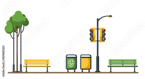 Urban park elements with benches, trees, and traffic light in flat design