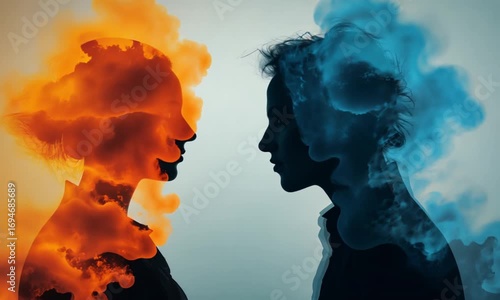 Double Exposure Art of Fire and Ice Faces in Profile View Digital Artwork
