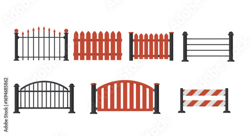 Collection of flat style gates and fences with red and black color scheme