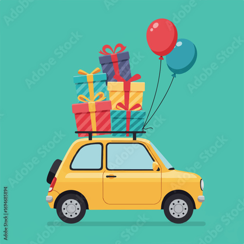 Playful Small Yellow Car Overflowing with Colorful Gift Boxes and a Bouncy Balloon Tied to Its Roof - Flat 2D Vector, Celebration