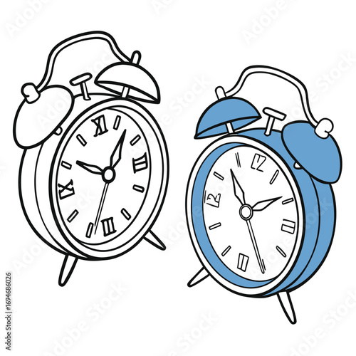 Classic alarm clocks in black and blue, perfect for illustrating time, deadlines, schedules, or reminders, conveying a sense of urgency and promptness.